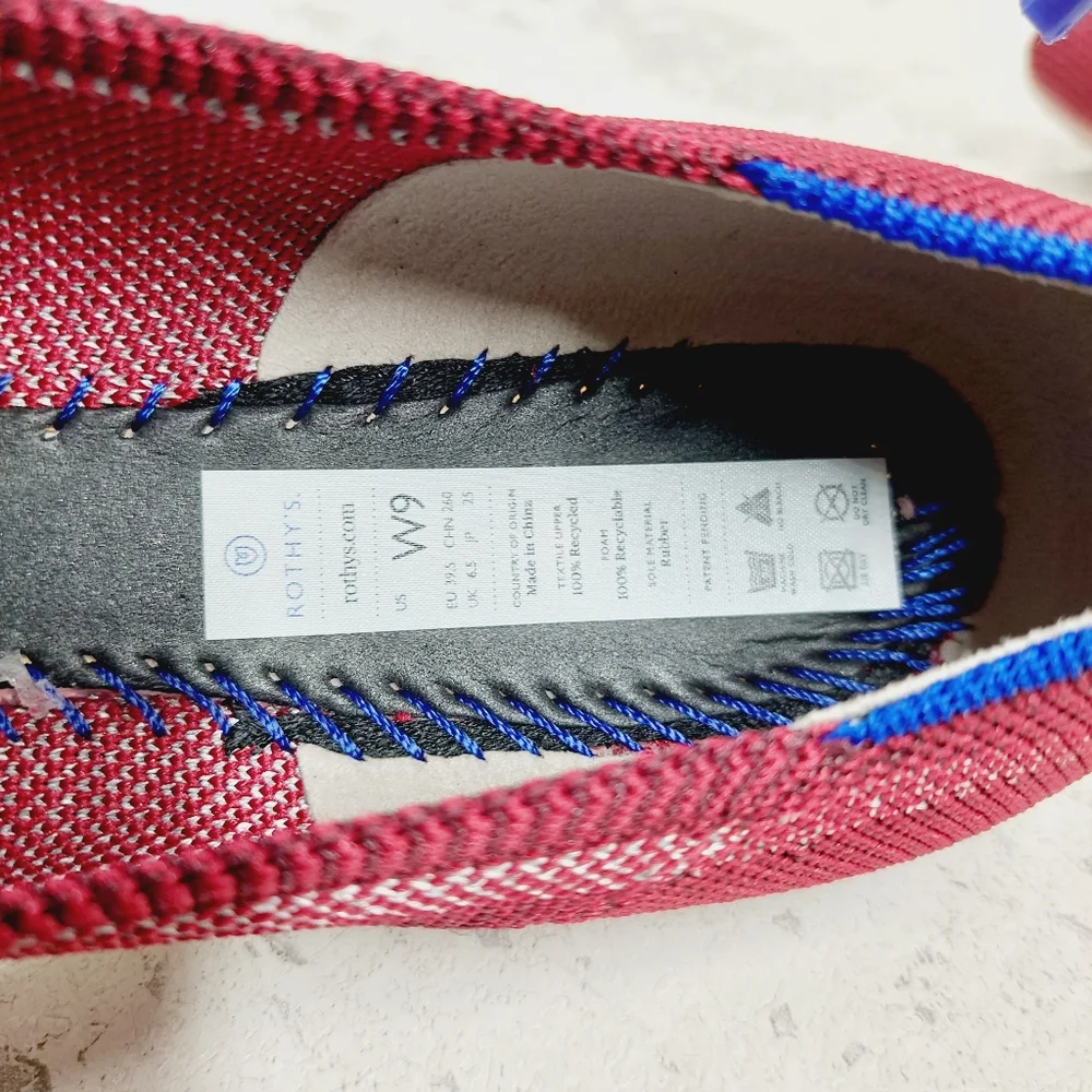 Rothy's Red Pointed Toe Knit Flats with Blue Trim